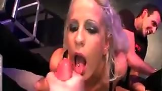Nasty blonde whore gets her face jizzed