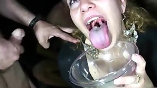 Dirty blonde whore gets her face jizzed